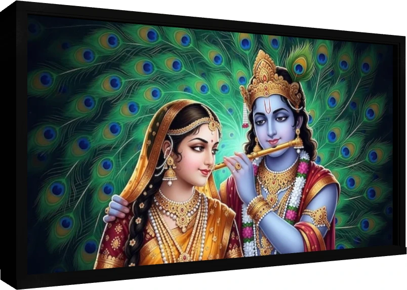 Majestic Peacock Radha Krishna Canvas wall art print — floater frame preview | PrintPosters.in